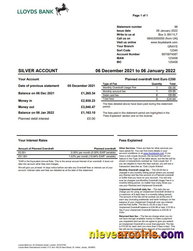 United Kingdom Lloyds bank statement Word and PDF, version 2
